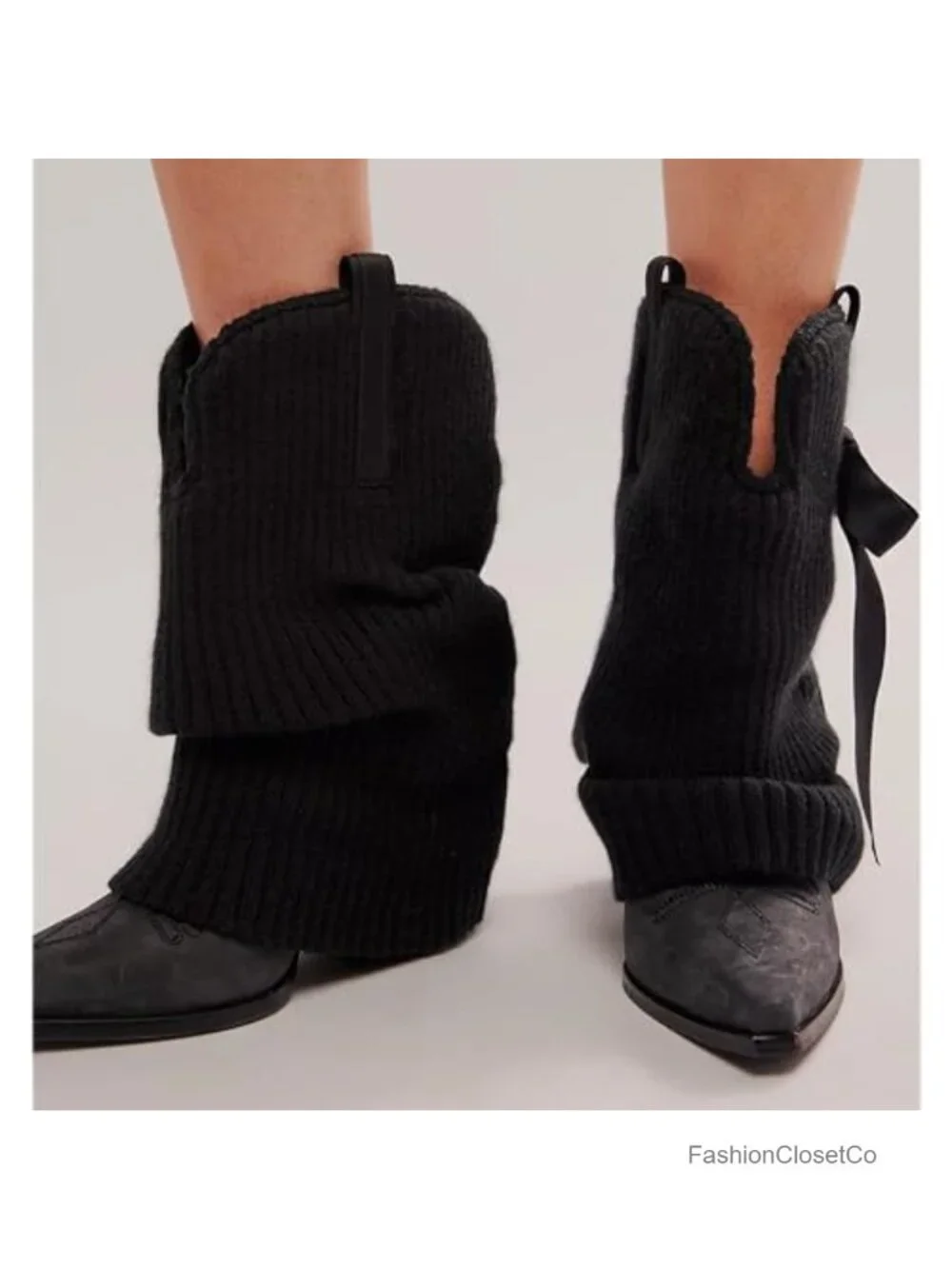 Knitted Cowgirl Boots Slouch Western Mid Calf Fold Over Chunky Heel Pull On